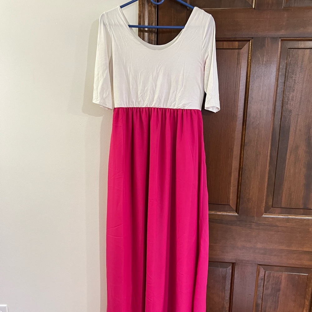 Pinkblush Maternity chiffon hot pink colorblock maxi dress.
